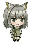  1girl :d animal_ears arknights azur_lane bangs blunt_bangs cat_ears chibi commentary detached_sleeves essex_face eyebrows_visible_through_hair eyes_visible_through_hair full_body grey_eyes kal&#039;tsit_(arknights) long_sleeves looking_at_viewer parody short_hair sidelocks silver_hair simple_background smile solo style_parody svol transparent_background 