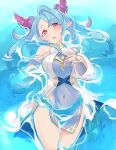  1girl absurdres bare_shoulders blue_hair breasts covered_navel dragalia_lost highres horns jewelry large_breasts mercury_(dragalia_lost) multicolored_hair no_panties open_mouth outdoors partially_submerged pink_hair ragnaveldt red_eyes ring thighs two-tone_hair 