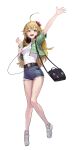  1girl absurdres ahoge arm_up bag bare_legs belt blonde_hair bracelet commentary denim denim_shorts english_commentary flower full_body green_eyes green_jacket hair_flower hair_ornament headphones headphones_around_neck highres hoshii_miki idolmaster idolmaster_(classic) jacket jewelry knees_together_feet_apart long_hair looking_at_viewer mac_star open_mouth pink_flower shirt shirt_tucked_in shoes short_sleeves shorts shoulder_bag simple_background smile solo teeth upper_teeth waving white_background white_footwear white_shirt 