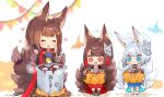  3girls :d ^_^ ^o^ akagi_(azur_lane) amagi_(azur_lane) animal_ears azur_lane bangs basket blue_eyes blunt_bangs bonfire brown_hair candy candy_cane carrying chibi chocolate chocolate_bar closed_eyes commentary_request cooking eyebrows_visible_through_hair eyeshadow fire flag food fox_ears fox_girl fox_mask fox_tail full_body hair_ornament hair_tubes hitodama holding holding_ladle jack-o&#039;-lantern japanese_clothes kaga_(azur_lane) kyuubi ladle lollipop long_hair long_sleeves looking_at_another makeup mask mask_on_head mochi multiple_girls multiple_tails putimaxi red_eyes shiruko_(food) short_hair sidelocks simple_background smile standing steam sweat tail thick_eyebrows translation_request white_hair wide_sleeves wood 