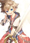  1boy bangs blue_eyes blush brown_hair cowboy_shot fingerless_gloves gloves highres holding jewelry keyblade kingdom_hearts male_focus necklace open_mouth ryota_(ry_o_ta) short_hair short_sleeves signature solo sora_(kingdom_hearts) super_smash_bros. 