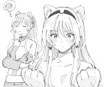  2girls ak-12_(girls&#039;_frontline) an-94_(girls&#039;_frontline) animal_ears animal_hands blush cinnamon_roll closed_eyes crossed_arms dm_owr girls&#039;_frontline gloves greyscale hairband imagining long_hair monochrome multiple_girls paw_gloves sidelocks simple_background sweatdrop thought_bubble upper_body white_background 