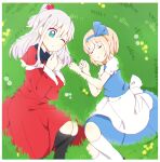  2girls alice_margatroid alice_margatroid_(pc-98) black_bow black_footwear black_legwear blonde_hair blue_bow blue_eyes blue_skirt blue_vest blush bow capelet dress hair_bobbles hair_bow hair_ornament medium_hair mother_and_daughter multiple_girls one_eye_closed shinki_(touhou) skirt sleeping touhou touhou_(pc-98) vest white_hair white_legwear zeroko-san_(nuclear_f) 