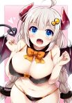  1girl :d ahoge bikini black_bikini blue_eyes blush bow bowtie braid breasts covered_nipples demon_girl demon_tail demon_wings fang hair_ornament hairclip halloween heart horns kizuna_akari large_breasts long_hair navel reward_available smile solo swimsuit tail tekehiro twin_braids very_long_hair voiceroid white_hair wings 