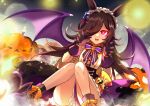  1girl :d aa2233a alternate_costume animal_ears artist_name bat_wings black_footwear bow fangs footwear_bow hair_over_one_eye halloween horse_ears jack-o&#039;-lantern knees_together_feet_apart looking_at_viewer orange_bow purple_bow red_eyes rice_shower_(umamusume) sitting smile solo umamusume wings yellow_bow 