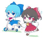  2girls ascot bangs blue_bow blue_dress blue_eyes blue_hair bow brown_footwear brown_hair character_doll cirno closed_mouth collar collared_shirt detached_sleeves doll dress frilled_bow frilled_hair_tubes frilled_skirt frills full_body fumo_(doll) gohei ground_vehicle hair_bow hair_tubes hakurei_reimu highres holding ice ice_wings long_dress medium_hair motor_vehicle multiple_girls neck_ribbon nontraditional_miko pinafore_dress puffy_short_sleeves puffy_sleeves red_bow red_eyes red_ribbon red_shirt red_skirt rei_(tonbo0430) ribbon ribbon-trimmed_sleeves ribbon_trim riding scooter shirt short_hair short_sleeves sidelocks simple_background skirt skirt_set sleeveless touhou walking white_background white_collar white_shirt wings yellow_ascot 