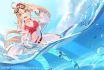  1girl absurdres alternate_costume bangs belt blonde_hair breasts cloud cloudy_sky commentary dragalia_lost earrings english_commentary fish highres jewelry large_breasts official_alternate_costume open_mouth outdoors ponytail ragnaveldt red_eyes sinoa sky swimsuit toeless_footwear wading 