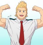  1boy :d ajb11 bara biceps blonde_hair blue_eyes boku_no_hero_academia flexing highres looking_at_viewer male_focus muscular muscular_male necktie open_mouth pose red_necktie short_hair smile solo spiked_hair togata_mirio upper_body 