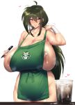  1girl adjusting_clothes ahoge apron areola_slip areolae bandaged_wrist bandages barista blush brand_name_imitation breast_milk breasts cleavage collarbone cowboy_shot cup dark_areolae dark_nipples disposable_cup eyebrows_visible_through_hair genderswap genderswap_(mtf) getter_robo gigantic_breasts green_apron green_hair hair_between_eyes highres holding holding_marker holding_pen huge_nipples iced_coffee iced_latte_with_breast_milk_(meme) lactation lips long_hair looking_at_viewer low_ponytail marker mature_female meme nagare_ryoma naked_apron nipple_slip nipples nose_blush pen plump purple_eyes pussy pussy_peek sagging_breasts shiny shiny_skin smile solo standing starbucks thirty_8ght uncensored white_background 