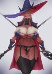  1girl alternate_costume artoria_pendragon_(fate) artoria_pendragon_(lancer_alter)_(fate) black_gloves blonde_hair breasts cape cleavage commentary eu03 fate/grand_order fate_(series) fingerless_gloves gloves hair_between_eyes halloween_costume hat highleg highleg_panties highres horns huge_breasts licking_lips long_hair navel panties shrug_(clothing) sidelocks thighs tongue tongue_out underwear witch_hat yellow_eyes 
