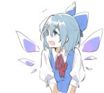  1girl :d akagashi_hagane bangs blue_bow blue_eyes blue_hair bow cirno eyebrows_visible_through_hair eyes_visible_through_hair hair_between_eyes hair_bow half_updo hatching_(texture) linear_hatching looking_away looking_to_the_side neck_ribbon negative_space notice_lines open_mouth profile puffy_short_sleeves puffy_sleeves red_ribbon ribbon short_hair short_sleeves sideways_mouth simple_background sketch smile solo touhou upper_body v_arms white_background wing_collar wings 