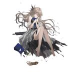  1girl bag_removed bare_legs bare_shoulders barefoot belt black_belt black_dress blonde_hair blue_bow blue_bowtie bow bowtie breasts closed_eyes closed_mouth cosmetics dress eyebrows_visible_through_hair flower full_body girls&#039;_frontline gun hair_flower hair_ornament hand_on_hand lipstick_tube long_hair medium_breasts mole mole_under_eye official_art petals rose shoe_removed sitting solo sp9_(girls&#039;_frontline) stribog_sp9 submachine_gun toes torn_clothes torn_dress transparent_background weapon white_dress white_flower white_rose youamo 
