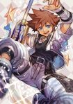  1boy :d belt black_belt black_shirt blue_eyes brown_hair hands_up hungry_clicker jacket jumping keyblade kingdom_hearts male_focus open_clothes open_jacket pants shirt short_sleeves smile solo sora_(kingdom_hearts) spiked_hair white_jacket white_pants 