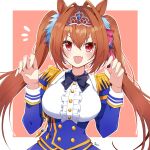  1girl :d animal_ears ark_rex black_bow blue_corset blue_jacket border bow breasts brown_hair claw_pose commentary_request daiwa_scarlet_(umamusume) epaulettes fang hair_bow highres horse_ears horse_girl jacket large_breasts long_hair looking_at_viewer pink_background red_bow red_eyes shirt smile solo tiara umamusume upper_body very_long_hair white_border white_shirt 