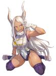  1girl absurdres animal_ears biceps boku_no_hero_academia bonury crescent_print dark-skinned_female dark_skin gloves grin highres kneeling leotard long_eyelashes long_hair mirko muscular muscular_female open_mouth rabbit_ears rabbit_girl rabbit_tail red_eyes simple_background smile solo superhero tail taut_leotard teeth thighhighs toned white_background white_gloves white_hair white_leotard 