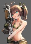  1girl ahoge apex_legends assault_rifle belt bikini bikini_top black_belt blue_eyes brown_hair brown_pants camouflage camouflage_bikini commentary flat_chest gloves green_bikini green_gloves grey_background gun head_tilt highres holding holding_gun holding_weapon hololive looking_at_viewer medium_hair natsuiro_matsuri pants parted_lips rifle sabaku_chitai simple_background sitting solo swimsuit virtual_youtuber vk-47_flatline weapon weapon_request 