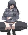  1girl black_hair black_legwear bow_(bhp) breasts closed_mouth commentary_request dot_mouth dot_nose grey_panties grey_shirt hair_over_one_eye large_breasts long_hair long_sleeves looking_at_viewer one_eye_covered original panties red_eyes shirt simple_background solo spread_legs squatting thighhighs tiptoes underwear white_background 
