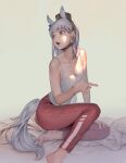  1girl animal_ears banned_artist bare_arms barefoot bed_sheet breasts brown_headwear camisole chin_strap cleavage collarbone commentary eyebrows_visible_through_hair full_body gold_ship_(umamusume) horse_ears horse_girl horse_tail large_breasts long_hair looking_to_the_side mifu_(b24vc1) on_bed open_mouth pants purple_eyes red_pants silver_hair sitting solo tail umamusume white_camisole 