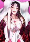  1girl bangs bare_shoulders black_hair blush breasts camisole chest_tattoo collarbone commentary_request facial_mark fate/extra fate/extra_ccc fate/grand_order fate_(series) forehead_mark forehead_tattoo gradient gradient_background hand_on_own_head highres horns large_breasts long_hair looking_at_viewer multicolored_hair open_mouth parted_bangs partial_commentary pink_background pink_hair pink_ribbon ribbon sesshouin_kiara smile solo stomach_tattoo tattoo thirukin very_long_hair wavy_hair white_camisole white_sleeves white_veil wide_sleeves yellow_eyes 