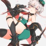  1girl bare_shoulders closed_mouth collared_shirt detached_sleeves doll_joints dragalia_lost grey_hair hair_between_eyes hat highres holding holding_sword holding_weapon joints laxi_(dragalia_lost) looking_at_viewer mini_hat mukatsukupochi purple_eyes shirt short_hair sword upper_body weapon 