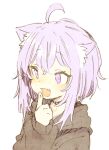  1girl :3 abara_heiki ahoge animal_ear_fluff animal_ears black_choker black_hoodie cat_ears choker eyebrows_visible_through_hair fang hololive hood hood_down hoodie index_finger_raised light_blush long_sleeves medium_hair nekomata_okayu open_mouth purple_eyes purple_hair raised_eyebrows simple_background smile solo symbol-shaped_pupils upper_body virtual_youtuber white_background 