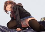  1girl bed black_legwear brown_eyes brown_hair denim denim_skirt eyebrows food-themed_hair_ornament fu-ta full_body hair_between_eyes hair_ornament hairclip highres hood hoodie jacket long_hair open_mouth orange_hair_ornament original panties ponytail skirt solo striped striped_panties thighhighs underwear usami_taiga zettai_ryouiki 