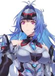  1girl android bare_shoulders blue_hair breasts expressionless forehead_protector gloves highres kamu_(kamuuei) kos-mos kos-mos_re: long_hair looking_at_viewer pink_eyes simple_background solo very_long_hair xenoblade_chronicles_(series) xenoblade_chronicles_2 xenosaga 