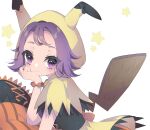  1girl :3 acerola_(pokemon) aru_(citrine_drplt) bangs bead_bracelet beads blush bracelet capelet closed_mouth eyelashes from_side hand_up highres hood hooded_capelet jewelry official_alternate_costume orange_bracelet pokemon pokemon_(game) pokemon_ears pokemon_masters_ex pokemon_tail purple_eyes purple_hair smile solo star_(symbol) tail themed_object waist_cape white_background 
