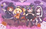  4girls :&gt; :3 :d :o animal_hands bandaged_leg bandages bat black_bow black_bowtie black_cat black_dress black_headwear black_legwear blonde_hair blush bow bowtie breasts broom brown_eyes brown_legwear cat cat_paws commentary_request cross danganronpa_(series) danganronpa_2:_goodbye_despair dress eyebrows_visible_through_hair freckles ghost habit happy_halloween hat holding holding_broom juliet_sleeves koizumi_mahiru long_sleeves looking_at_viewer medium_breasts mioda_ibuki multiple_girls nun official_alternate_costume one_eye_closed orange_bow orange_bowtie orange_eyes osoji_moppu_(osoujimp) pantyhose pink_background pink_eyes puffy_sleeves pumpkin purple_headwear red_dress red_hair saionji_hiyoko short_hair smile star_(symbol) star_print thighhighs tsumiki_mikan twintails two-tone_dress witch_hat 