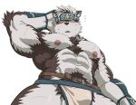  1boy abs ainu_clothes animal_ears arm_behind_head armpit_hair armpits bara biceps bulge chest_hair crotch from_below furry furry_male grey_fur grey_hair headband horkeu_kamui large_pectorals looking_at_viewer male_focus muscular muscular_male navel navel_hair nipples pectorals pelvic_curtain revealing_clothes rossciaco scar scar_on_arm scar_on_chest silver_hair solo stomach sweatdrop tail thick_thighs thighs tokyo_afterschool_summoners topless_male two-tone_fur white_background white_fur wolf_boy wolf_ears wolf_tail yellow_eyes 