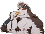  1boy ainu_clothes animal_ears bara chest_hair eating fang furry furry_male grey_fur grey_hair headband horkeu_kamui large_pectorals male_focus motion_lines muscular muscular_male nipples nude open_mouth pectorals rossciaco scar scar_on_chest short_hair silver_hair solo tail tokyo_afterschool_summoners two-tone_fur upper_body white_background white_fur wolf_boy wolf_ears wolf_tail yellow_eyes 