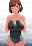  1girl backlighting bangs bare_shoulders black_swimsuit blue_swimsuit blush breasts brown_eyes brown_hair collarbone highleg highleg_swimsuit highres large_breasts looking_at_viewer nanahime one-piece_swimsuit original short_hair smile solo swimsuit thighs two-tone_swimsuit wading wet 