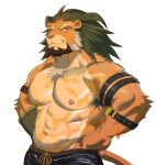  1boy abs animal_ears arsalan_(housamo) bara black_pants blonde_hair brown_fur chest_hair cowboy_shot furry furry_male green_hair harness large_pectorals lion_boy lion_ears male_focus mature_male medium_hair multicolored_hair muscular muscular_male navel nipples pants pectorals rossciaco short_hair slime_(substance) smile solo stomach tokyo_afterschool_summoners topless_male two-tone_hair white_background 