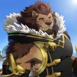  1boy animal_ears avatar_(ffxiv) bara bare_shoulders beard black_jacket brown_fur character_request colored_sclera detached_sleeves facial_hair fangs final_fantasy fluffy fur-trimmed_jacket fur_trim furry furry_male jacket large_pectorals lion_boy lion_ears looking_at_viewer male_focus mature_male muscular muscular_male pectorals rossciaco short_hair sidepec sleeveless sleeveless_jacket smile solo upper_body yellow_sclera 