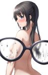  1girl back bangs black-framed_eyewear black_hair blue_eyes blurry blush closed_mouth commentary_request completely_nude eyebrows_visible_through_hair from_behind glasses highres idolmaster idolmaster_shiny_colors karikura_(atatata71) long_hair looking_at_viewer looking_back mitsumine_yuika nude pov profile simple_background smile solo twintails water_drop white_background 