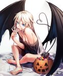  1girl bangs bare_legs bare_shoulders barefoot black_shirt black_wings blonde_hair blue_eyes breasts candy cleavage commentary_request demon_tail demon_wings eyebrows_visible_through_hair food grey_background grey_hair hair_between_eyes halloween halloween_bucket heart heart_tail highres holding holding_candy holding_food holding_lollipop ia_(vocaloid) lollipop long_hair medium_breasts off_shoulder overlord_(overlord80000) shirt signature simple_background sitting solo tail vocaloid wings 