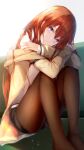  1girl bangs blue_eyes blush commentary_request couch highres jacket long_hair looking_at_viewer makise_kurisu on_couch open_clothes open_jacket pantyhose red_hair short_shorts shorts sitting solo steins;gate yk_(pixiv43531291) 