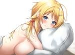  1girl ahoge blanket blonde_hair blue_eyes blush breasts commentary_request completely_nude from_side hachimiya_meguru hair_ornament hairpin highres idolmaster idolmaster_shiny_colors karikura_(atatata71) large_breasts looking_at_viewer lying nude object_hug on_stomach pillow pillow_hug sideboob simple_background smile solo star_(symbol) star_hair_ornament sweatdrop white_background 