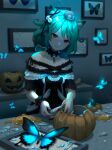  1girl :d animal animal_ears bare_shoulders black_collar black_dress black_ribbon blood blood_on_hands broken_glass bug butterfly cat_ears collar collarbone commentary cutting detached_collar dress english_commentary frills glass green_butterfly green_hair hair_ornament hair_ribbon halloween highres hololive jack-o&#039;-lantern kamui_(kamuikaoru) looking_at_viewer off-shoulder_dress off_shoulder pumpkin red_eyes ribbon scrunchie short_sleeves smile solo upper_body uruha_rushia virtual_youtuber wrist_scrunchie 