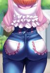  1girl ass blue_pants blurry blurry_background cowboy_shot depth_of_field facing_away from_behind head_out_of_frame hibino_matsuri highres long_hair motsuaki orange_hair pants pink_shirt pretty_(series) shirt solo standing waccha_primagi! 