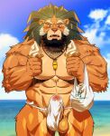  1boy abs animal_ears arsalan_(housamo) bag bara beach beard blonde_hair blush brown_fur bulge erection erection_under_clothes facial_hair feet_out_of_frame food fundoshi furry furry_male green_hair holding ice_cream japanese_clothes large_pectorals lifeguard lion_boy lion_ears male_focus male_pubic_hair mature_male medium_hair multicolored_hair muscular muscular_male nipples pectorals penis penis_peek pubic_hair rossciaco see-through shopping_bag sky solo stomach testicle_peek thick_thighs thighs tokyo_afterschool_summoners topless_male two-tone_hair water wet wet_clothes whiskers whistle whistle_around_neck white_male_swimwear 