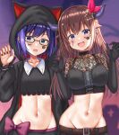  2girls :d a-chan_(hololive) absurdres animal_hood bangs belt black-framed_eyewear black_gloves black_jacket black_nails black_shirt black_shorts blue_eyes blue_hair blush breasts brown_belt brown_hair cat_hood cleavage collarbone collared_shirt commentary_request cowboy_shot crop_top demon_horns diamond_hair_ornament elbow_gloves eyebrows_visible_through_hair facial_mark fake_horns fishnets glasses gloves groin hair_between_eyes hair_flaps hair_ornament hair_ribbon hairclip halloween halloween_costume hands_up highres hololive hood hood_up hooded_jacket horns jacket large_breasts long_hair long_sleeves looking_at_viewer midriff multiple_girls navel night nootomo open_mouth red_ribbon ribbon shirt short_hair shorts sidelocks small_breasts smile standing star_(symbol) star_hair_ornament sweat swept_bangs tokino_sora virtual_youtuber 