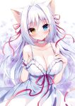  1girl aina_rive animal_ears bangs blue_eyes breasts cat_ears choker cleavage closed_mouth dress eyebrows_visible_through_hair hair_ribbon hand_on_own_chest heterochromia highres large_breasts long_hair looking_at_viewer mauve original red_ribbon ribbon sleeveless sleeveless_dress smile solo white_dress white_hair yellow_eyes 