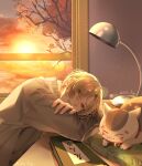  1boy bangs book desk desk_lamp highres indoors lamp lens_flare long_sleeves looking_at_viewer lying male_focus natsume_takashi natsume_yuujinchou nyanko on_pillow parted_bangs pillow school_uniform sitting solo sparkle sunlight sunset sweater yellow_eyes yellow_theme zoha 
