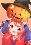  1girl :d arms_up bangs black_headwear blue_shirt blush cloak commentary_request crescent_moon eyebrows_visible_through_hair fang hat hood hood_down hooded_cloak jack-o&#039;-lantern kantai_collection long_hair long_sleeves looking_at_viewer moon red_cloak red_eyes red_hair shirt shiruzu_(sills_ud) smile solo uzuki_(kancolle) v-shaped_eyebrows witch_hat 