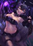  1girl :d animal_ear_fluff animal_ears arm_up bangs bare_shoulders black_gloves black_hair black_shorts blue_eyes breasts buttons cerberus_(kemono_friends) cleavage collar commentary dog_ears elbow_gloves extra_ears fang fingerless_gloves gloves glowing groin hair_between_eyes highres kemono_friends large_breasts legwear_under_shorts long_hair looking_at_viewer micro_shorts navel open_clothes open_fly open_shorts pantyhose shorts smile solo spiked_collar spikes stomach strapless tadano_magu tail thigh_strap tube_top twintails unbuttoned unbuttoned_shorts 