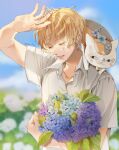  1boy animal animal_on_shoulder bangs bell blonde_hair blurry blurry_background bouquet closed_eyes day depth_of_field flower hand_up highres hydrangea leaf light_rays looking_at_another male_focus natsume_takashi natsume_yuujinchou nyanko parted_bangs school_uniform shadow shirt short_hair short_sleeves smile sunlight upper_body white_shirt zoha 