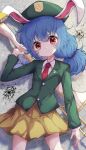  1girl animal_ears blue_hair blush buttons closed_mouth commentary_request crescent crescent_pin eyebrows_visible_through_hair green_headwear hair_between_eyes highres kayon_(touzoku) long_hair long_sleeves necktie rabbit_ears red_eyes red_necktie seiran_(touhou) skirt smile solo touhou touhou_lost_word yellow_skirt 