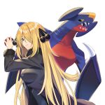  1girl black_jacket black_sclera blonde_hair blue_skin breasts collarbone colored_sclera colored_skin commentary_request cynthia_(pokemon) eyebrows_visible_through_hair fur_collar garchomp google_(asdek18) grey_background hair_ornament hair_over_one_eye hand_up highres holding holding_poke_ball jacket long_hair long_sleeves looking_at_viewer poke_ball pokemon pokemon_(creature) pokemon_(game) pokemon_dppt red_skin sharp_teeth simple_background smile teeth yellow_eyes 