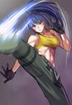  1girl abs bangs bare_shoulders black_gloves blue_eyes blue_hair blush breasts cargo_pants cleavage clenched_hand closed_mouth collarbone commentary_request cowboy_shot crop_top eyebrows_visible_through_hair gloves green_pants grey_background groin hand_up highres kicking large_breasts leona_heidern long_hair looking_at_viewer midriff navel pants ponytail sidelocks simple_background solo standing standing_on_one_leg tank_top taut_clothes the_king_of_fighters thigh_pouch toin_(koto54576897) yellow_tank_top 
